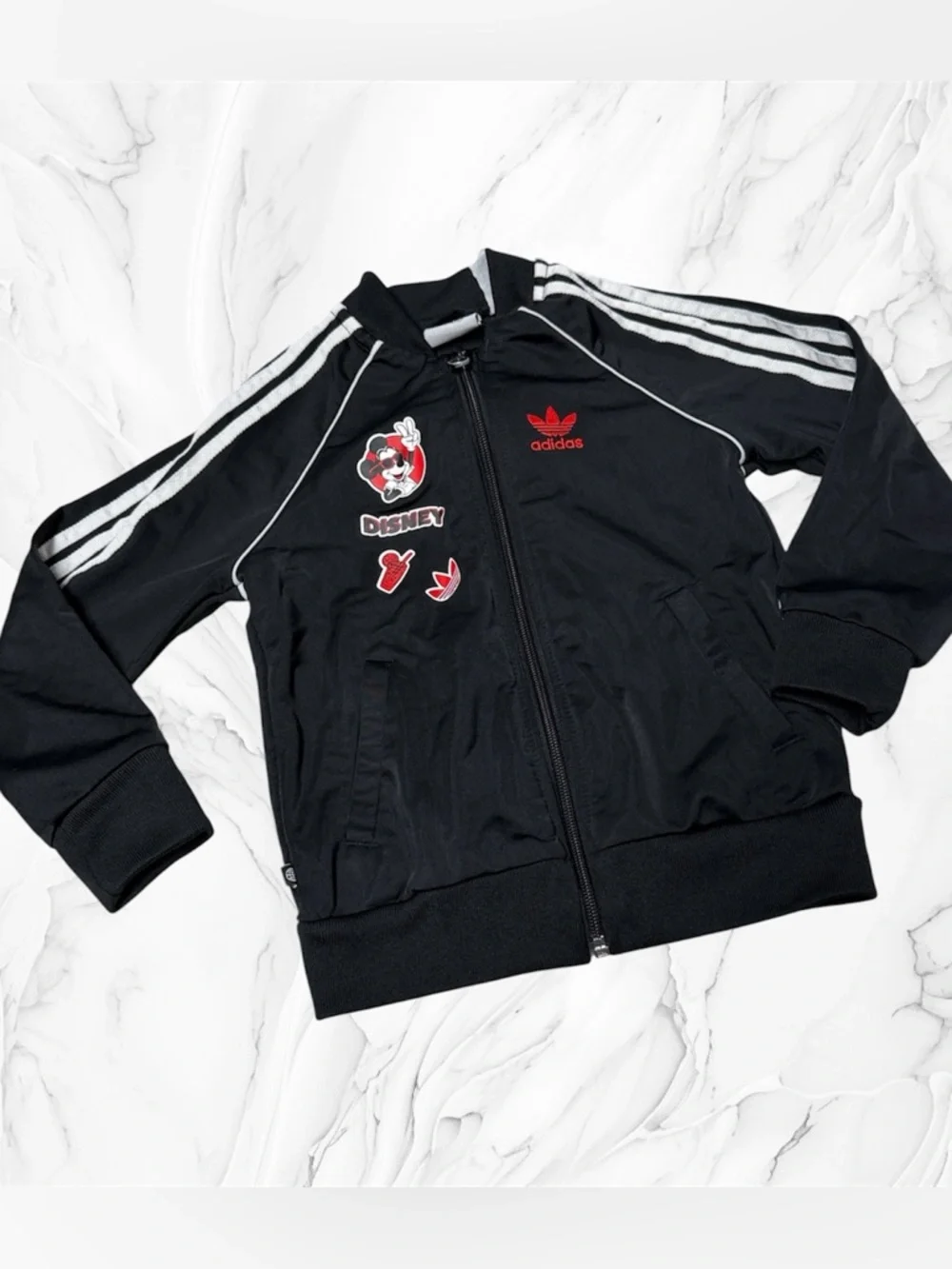 adidas Disney Black Track Jacket White Stripes and Red Accents 3T zipper front